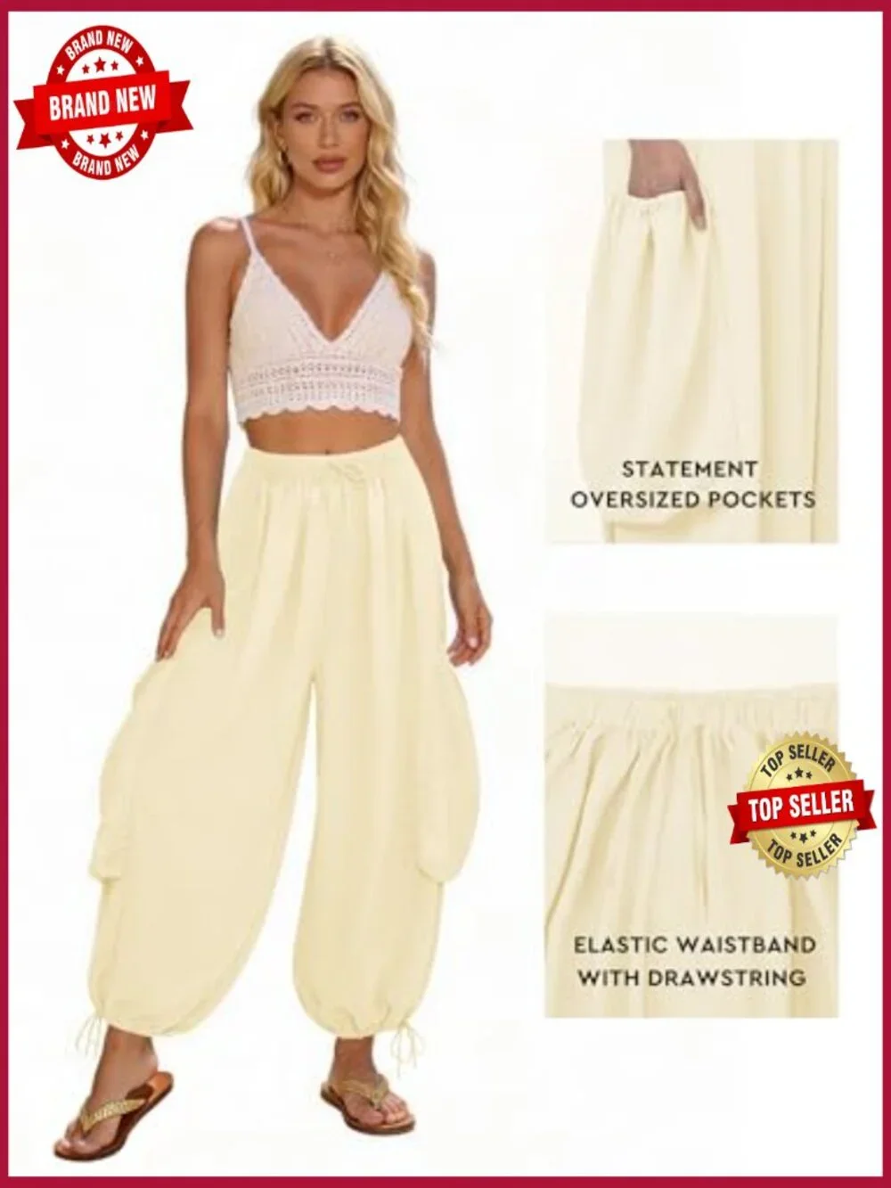 Drawstring Harem Pants with Pockets Boho Baggy Gauze Palazzo Summer Travel - Picture 4 of 7
